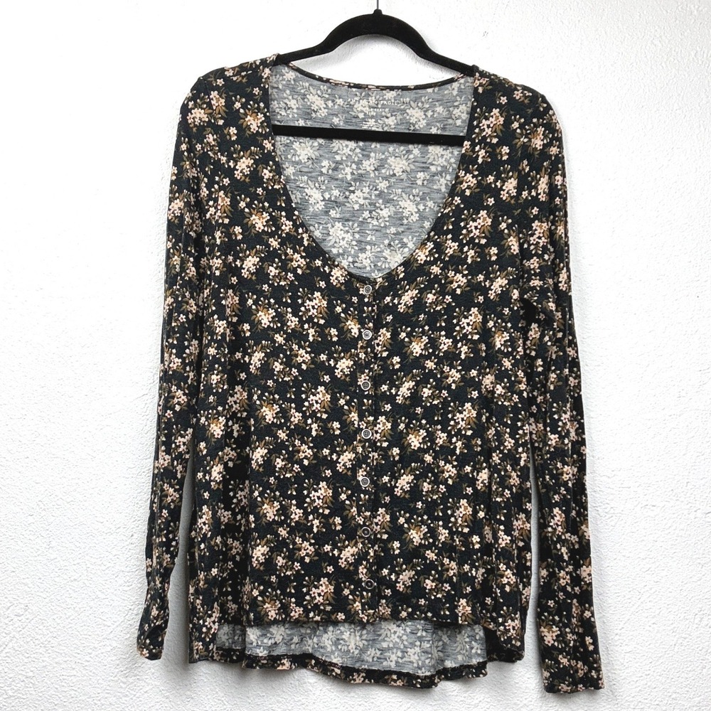 American Eagle Black Floral Button Front Top - L - Soft & Sexy Slub Boho Casual